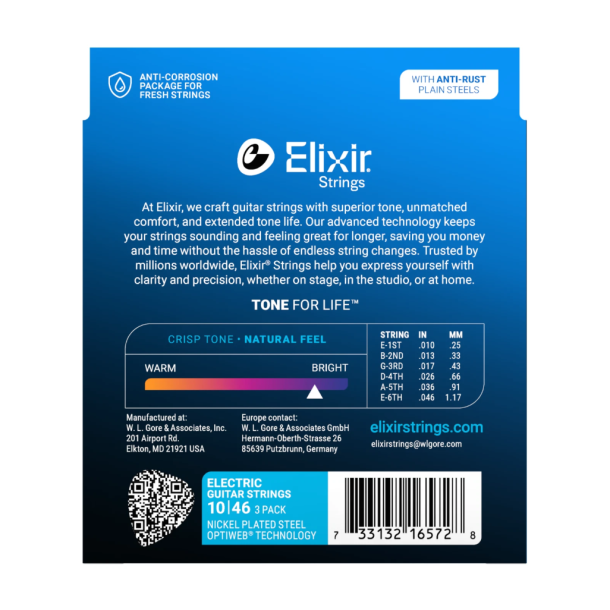 Elixir Optiweb Electric Nickel Plated Steel 16572 3 Pack Light 10-46